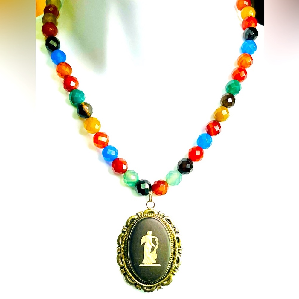Handmade Multicolored Chalcedony with Real Cameo Pendant NWT
